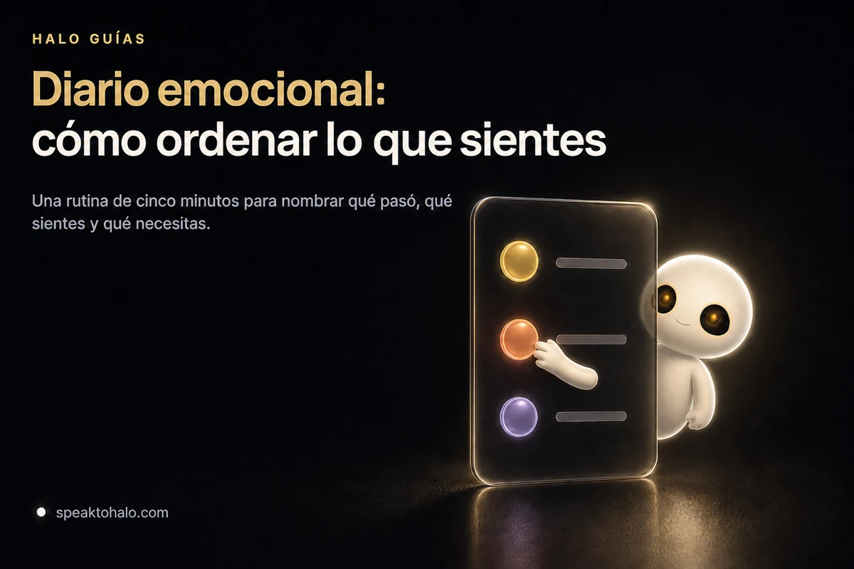 Halo junto a un diario con tres registros de emociones en la portada de la guía