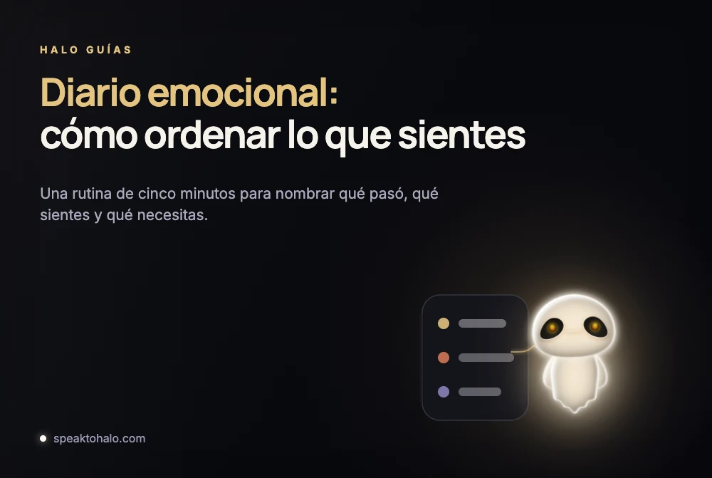 Halo junto a un diario con tres registros de emociones en la portada de la guía
