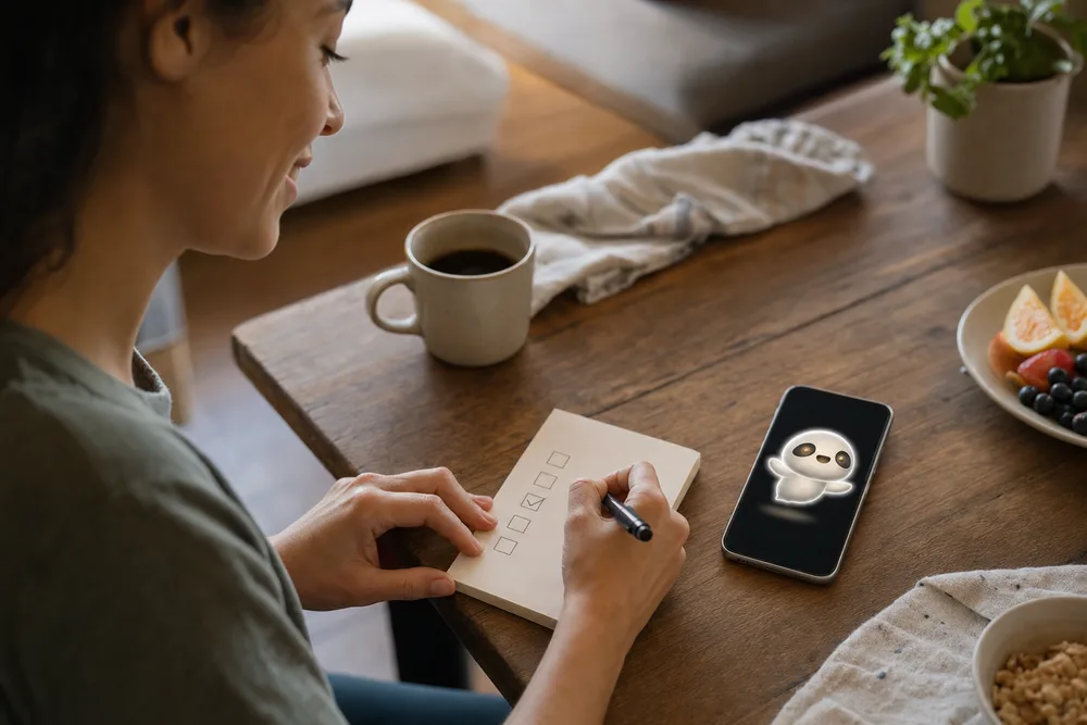 A woman checks one small habit box beside a phone showing the glowing Halo companion