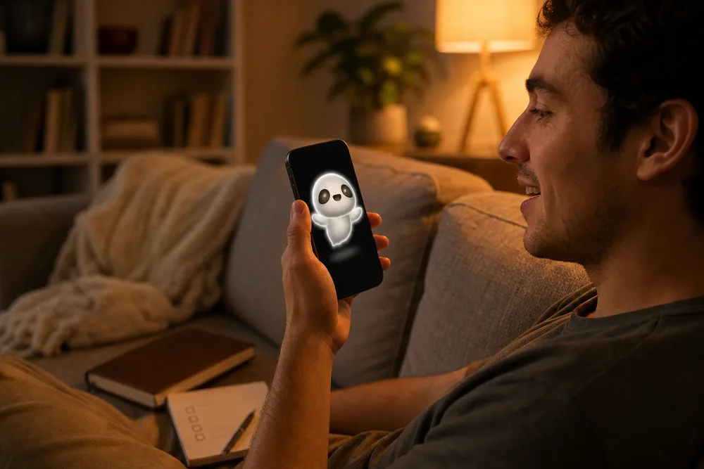 A man talks to the glowing Halo companion on his phone with a closed journal nearby