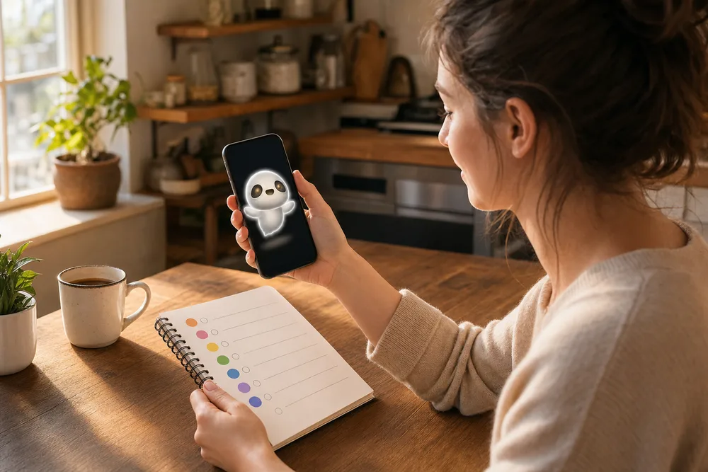 A woman weighs a simple habit checklist beside a phone showing the glowing Halo companion
