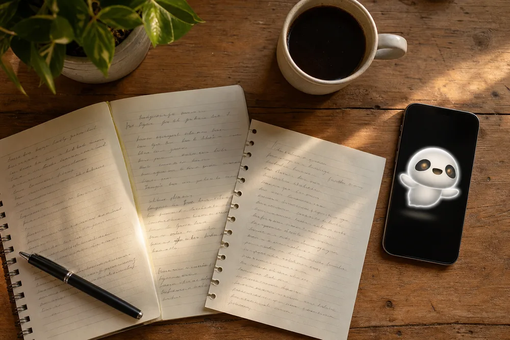 Three handwritten morning pages beside coffee and a phone displaying the glowing Halo companion
