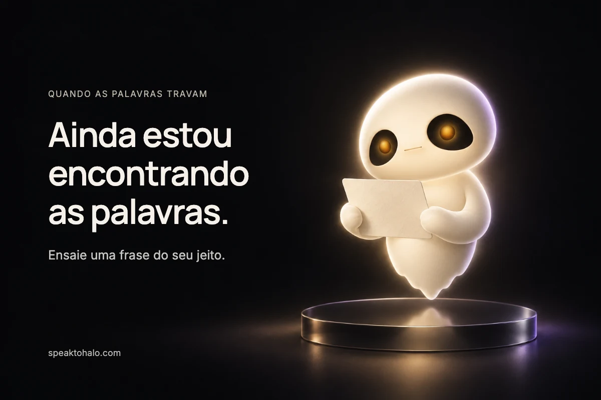 Halo segura um pequeno cartão em branco diante de si, preparando uma frase num espaço escuro e calmo