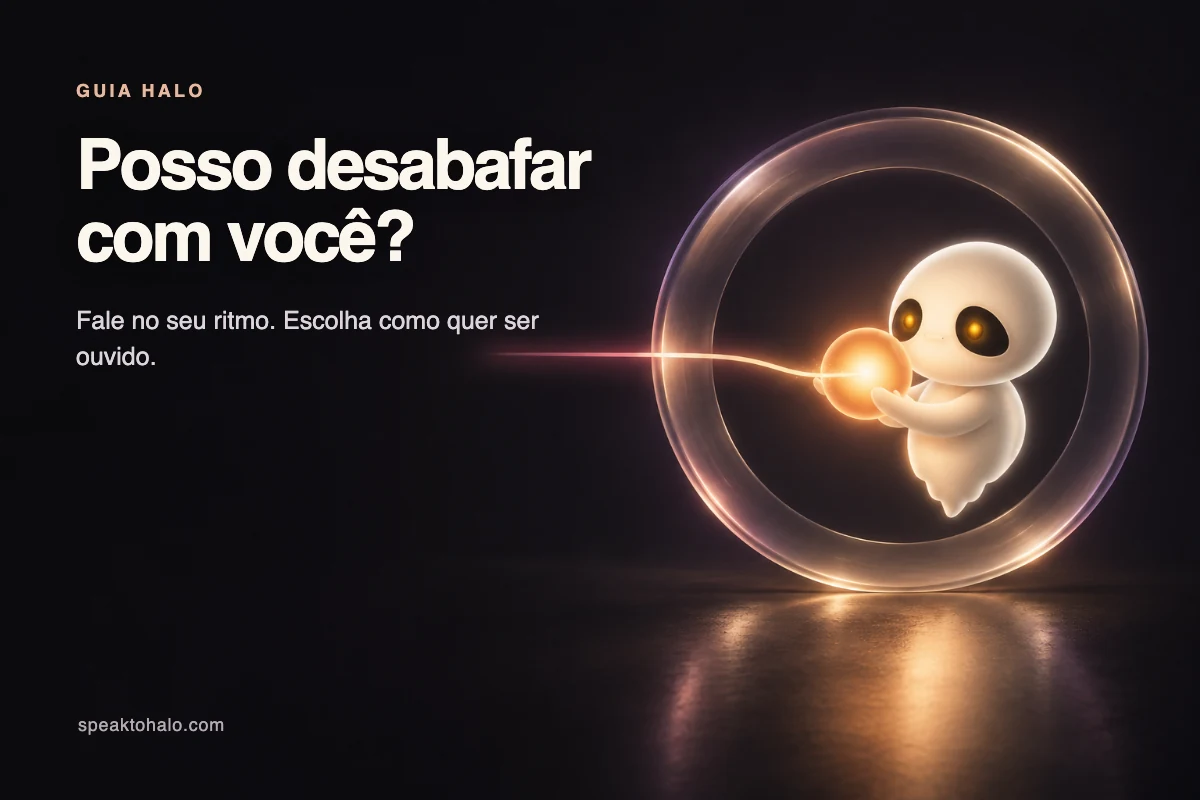 Halo segura uma esfera de voz luminosa dentro de um anel de vidro, com espaço escuro ao redor para uma conversa calma