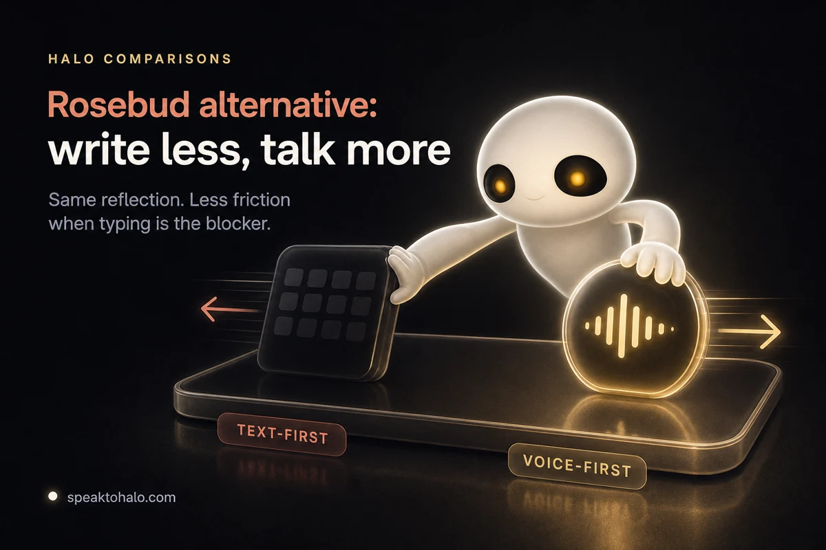 Text-first versus voice-first journaling: a keyboard on one side, talking to Halo on the other