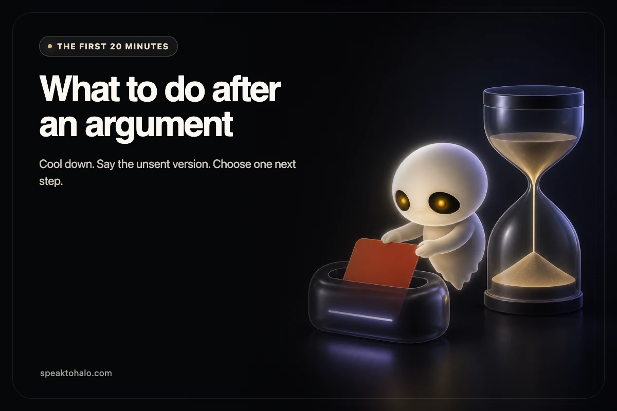 Halo setting one glowing message aside while a twenty-minute glass timer cools